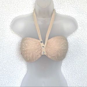 Robin Piccone crochet bikini bandeau top with neck tie, beige